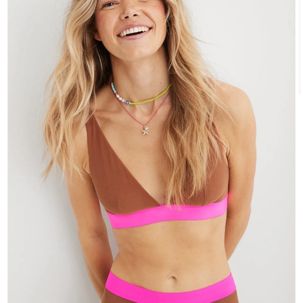 Aerie Smoothez‎ Plunge Mesh Bralette Brown and pink small